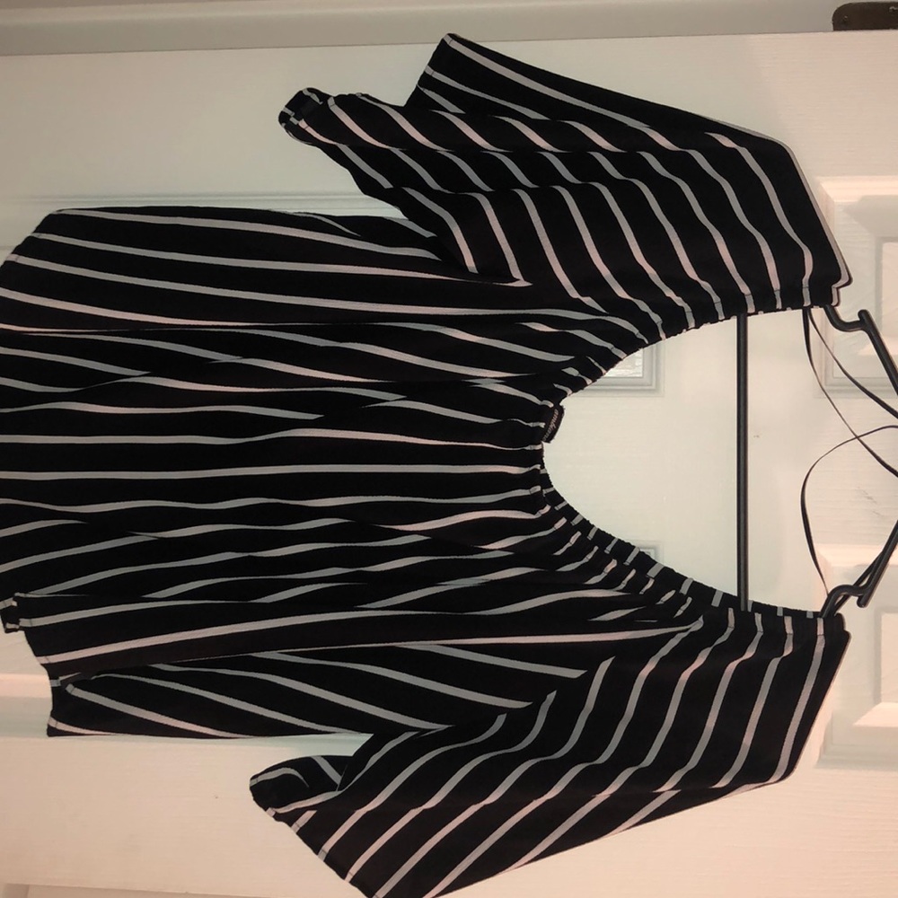 Off the shoulder, stripped shirt.